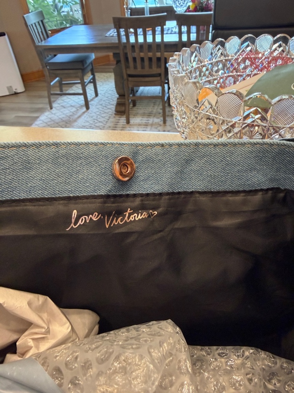 Victoria's Secret denim Canvas Tote Bag rose gold accents - Picture 2 of 9